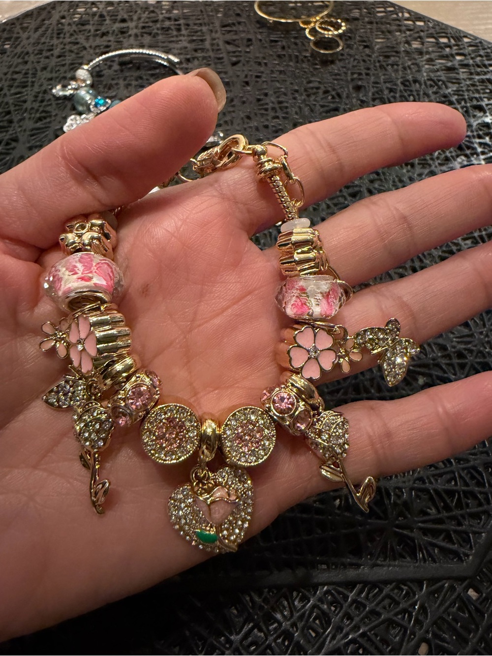Gold Floral Pink Charm Bracelet with Crystal Hearts